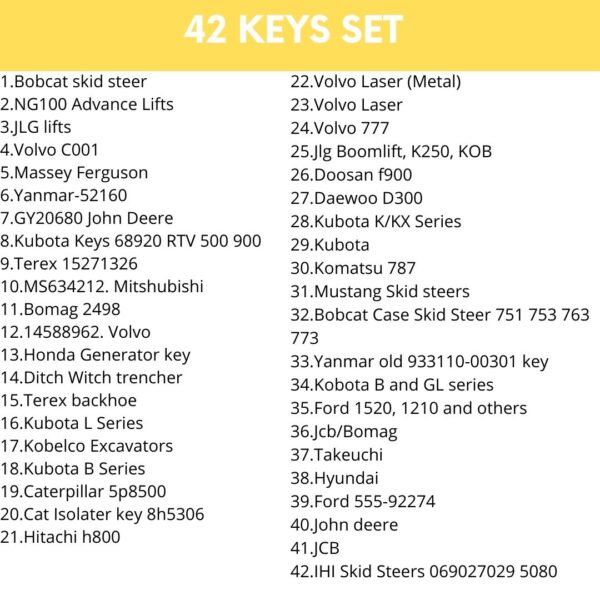 42 Keys Construction Ignition Key Set Heavy Equipment Komatsu JCB Volvo Deere - Image 2