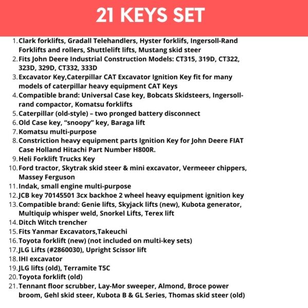 21 Keys Master Plant Key Set Digger Excavator Plant Dumper - Bomag JCB CAT Terex - Image 3