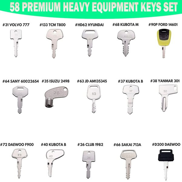 58 Heavy Equipment Keys/Premium Construction Ignition Key Set Fits Caterpillar, Komatsu, Kubota, Case, JD, Yanmar, Daewoo, Hyster, Takeuchi, Ford, New Holland and More - Image 4
