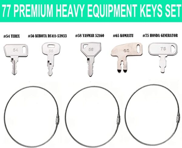 77 Pro Heavy Equipment Construction Equipment Keys Set, 3 Stainless Steel Cable Keyrings, Extra CAT JD JCB JLG Komatsu Kubota Yanmar Daewoo Hyster Keys Master Set - Image 6