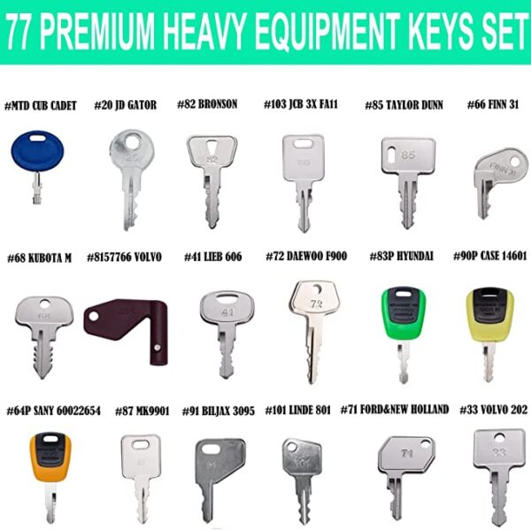 77 Pro Heavy Equipment Construction Equipment Keys Set, 3 Stainless Steel Cable Keyrings, Extra CAT JD JCB JLG Komatsu Kubota Yanmar Daewoo Hyster Keys Master Set - Image 3