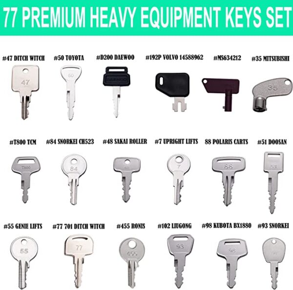 77 Pro Heavy Equipment Construction Equipment Keys Set, 3 Stainless Steel Cable Keyrings, Extra CAT JD JCB JLG Komatsu Kubota Yanmar Daewoo Hyster Keys Master Set - Image 4