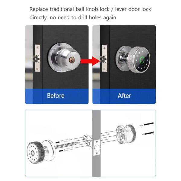 Fingerprint Lock Smart Tuya Knob Door Lock Support Key Password Bluetooth APP Unlock Rechargeable Battery - Image 6